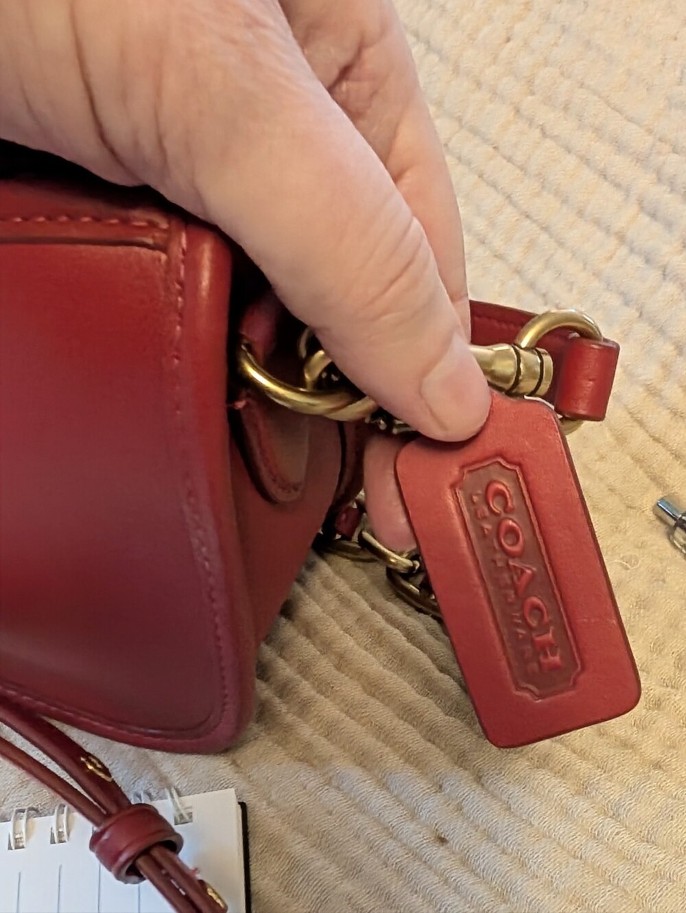 Coach Red Leather Crossbody with Gold Chain Strap - Picture 9 of 11